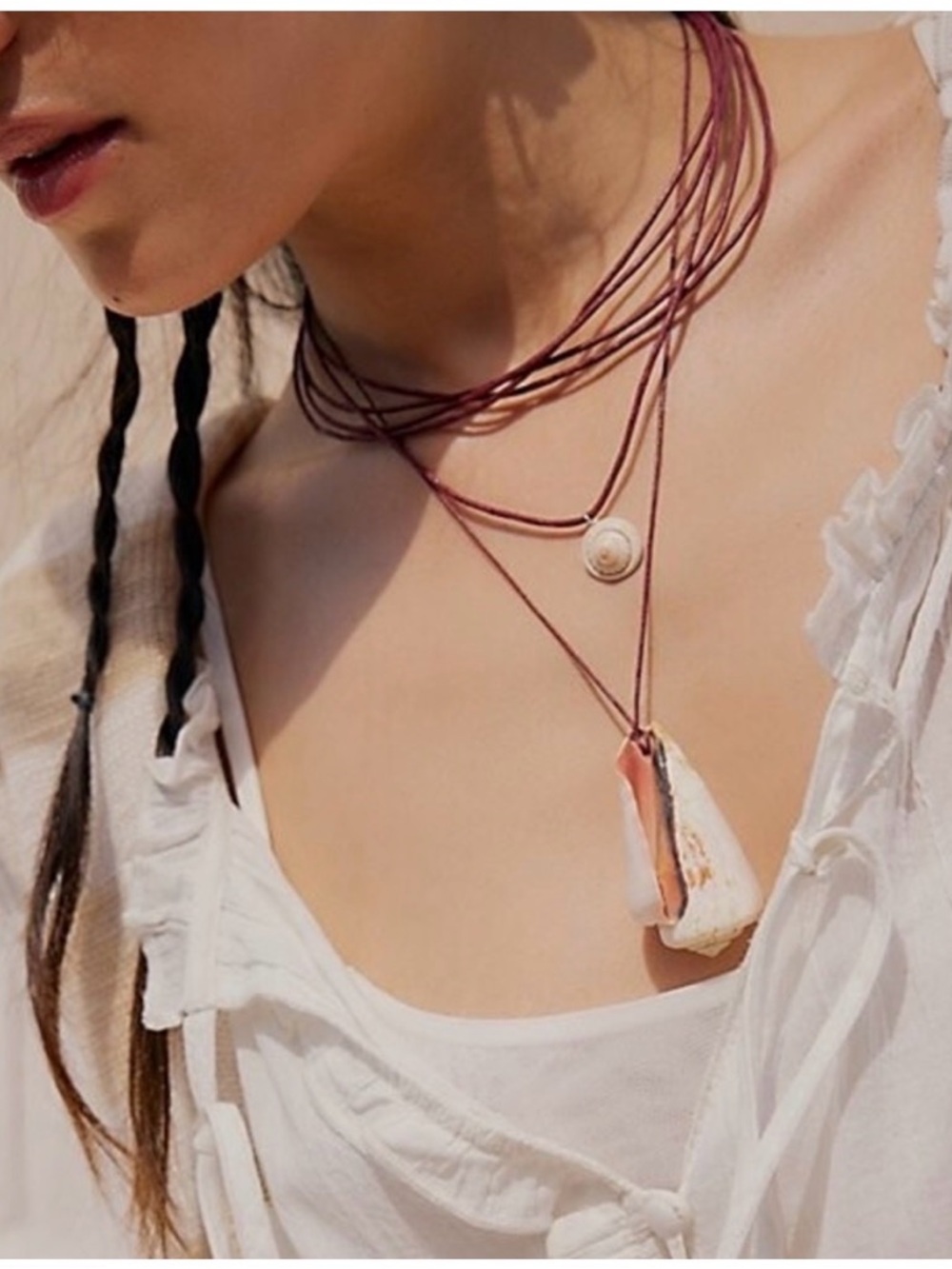 FREE PEOPLE Carolina Shell Layered Necklace New NWT maroon natural beach summer - Picture 3 of 11